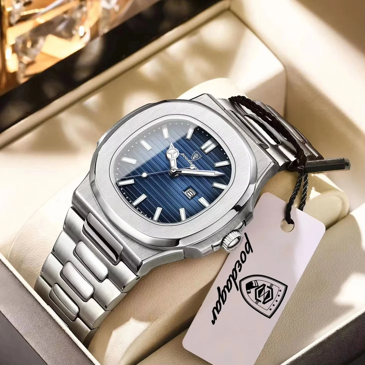 POEDAGAR Cuadrado – Reloj de Acero de Cuarzo con Fecha