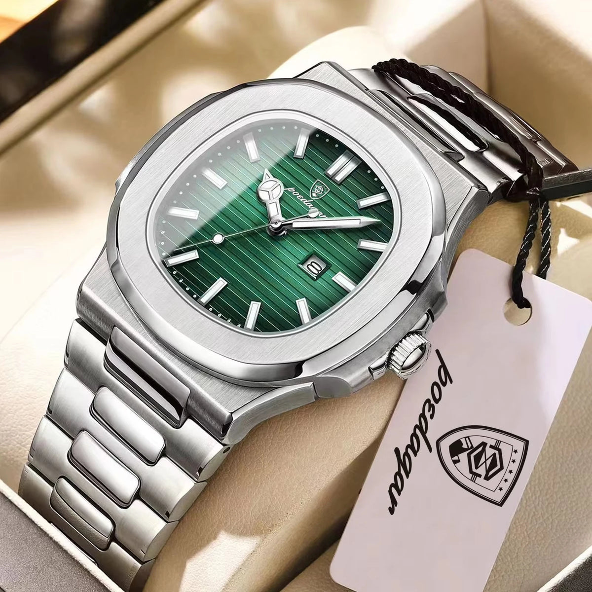POEDAGAR Cuadrado – Reloj de Acero de Cuarzo con Fecha