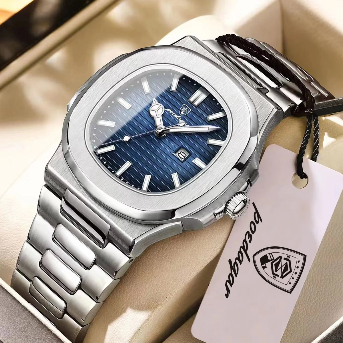 POEDAGAR Cuadrado – Reloj de Acero de Cuarzo con Fecha