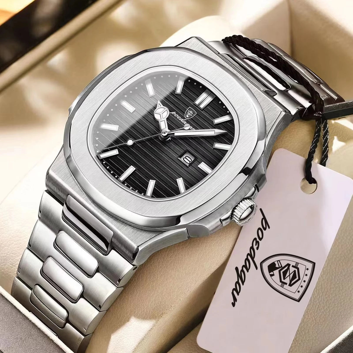 POEDAGAR Cuadrado – Reloj de Acero de Cuarzo con Fecha