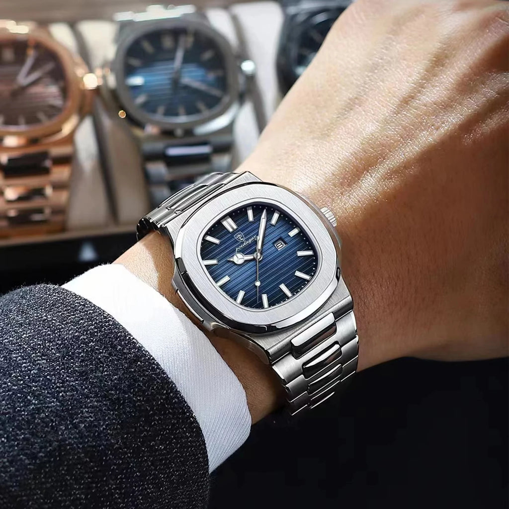POEDAGAR Cuadrado – Reloj de Acero de Cuarzo con Fecha