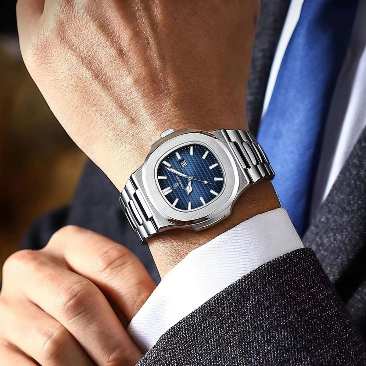 POEDAGAR Cuadrado – Reloj de Acero de Cuarzo con Fecha